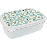 MuchoWow Broodtrommel Wit - Lunchbox - Brooddoos - Bij - Insecten - Patroon - Groen - 18x12x6 cm - Volwassenen