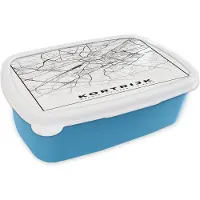 MuchoWow Broodtrommel Blauw - Lunchbox - Brooddoos - Stadskaart – Zwart Wit - Kaart – Kortrijk – België – Plattegrond - 18x12x6 cm - Kinderen - Jongen