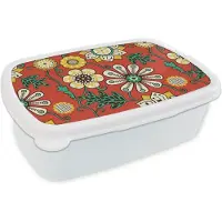 MuchoWow Broodtrommel Wit - Lunchbox Design - Bloemen - Hippie - Retro - Brooddoos 18x12x6 cm - Brood lunch box - Broodtrommels voor kinderen en volwassenen