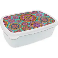 MuchoWow Broodtrommel Wit - Lunchbox Design - Flower Power - Kleuren - Brooddoos 18x12x6 cm - Brood lunch box - Broodtrommels voor kinderen en volwassenen