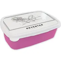 MuchoWow Broodtrommel Roze - Lunchbox - Brooddoos - Stadskaart – Zwart Wit - Kaart – Deventer – Nederland – Plattegrond - 18x12x6 cm - Kinderen - Meisje