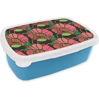 MuchoWow Broodtrommel Blauw - Lunchbox - Brooddoos - Bloemen - Natuur - Roze - Patroon - 18x12x6 cm - Kinderen - Jongen