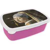 MuchoWow Broodtrommel Roze - Lunchbox - Brooddoos - Meisje met de parel - Vermeer - Marmer - 18x12x6 cm - Kinderen - Meisje