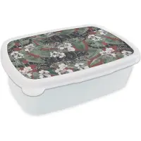 MuchoWow Broodtrommel Wit - Lunchbox - Brooddoos - Jungle - Bloem - Panter - Patronen - 18x12x6 cm - Volwassenen
