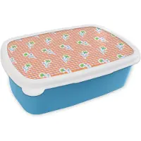 MuchoWow Broodtrommel Blauw - Lunchbox - Brooddoos - Bloemen - Ruiten - Patroon - 18x12x6 cm - Kinderen - Jongen