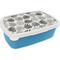 MuchoWow Broodtrommel Blauw - Lunchbox - Brooddoos - Monstera - Zwart Wit - Patronen - Vintage - 18x12x6 cm - Kinderen - Jongen