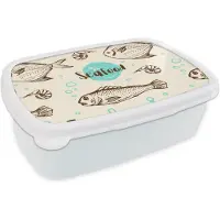 MuchoWow Broodtrommel Wit - Lunchbox - Brooddoos - Eten - Patronen - Vissen - 18x12x6 cm - Volwassenen
