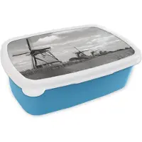 MuchoWow Broodtrommel Blauw - Lunchbox - Brooddoos - Molen - Holland - Water - Zwart - Wit - 18x12x6 cm - Kinderen - Jongen