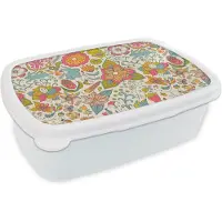 MuchoWow Broodtrommel Wit - Lunchbox - Brooddoos - Meisje - Konijn - Kikker - Patronen - Girl - Kids - Kinderen - Kind - 18x12x6 cm - Volwassenen