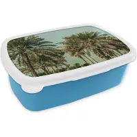 MuchoWow Broodtrommel Blauw - Lunchbox - Brooddoos - Palmboom - Lucht - Zomer - Tropisch - 18x12x6 cm - Kinderen - Jongen