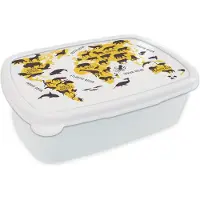 MuchoWow Broodtrommel Wit - Lunchbox - Brooddoos - Wereldkaart - Geel - Dieren - 18x12x6 cm - Volwassenen