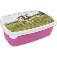 MuchoWow Broodtrommel Roze - Lunchbox - Brooddoos - Koe - Gras - Landschap - 18x12x6 cm - Kinderen - Meisje