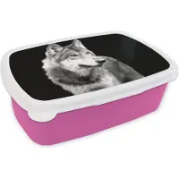 MuchoWow Broodtrommel Roze - Lunchbox - Brooddoos - Grijze wilde wolf - zwart wit - 18x12x6 cm - Kinderen - Meisje