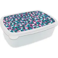 MuchoWow Broodtrommel Wit - Lunchbox - Brooddoos - Geometrie - Roze - Blauw - Wit - Patronen - 18x12x6 cm - Volwassenen
