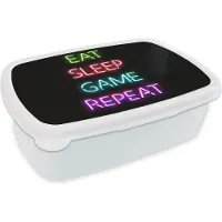 MuchoWow Broodtrommel Wit - Lunchbox Gaming - Led - Quote - Eat sleep game repeat - Gamen - Brooddoos 18x12x6 cm - Brood lunch box - Broodtrommels voor kinderen en volwassenen