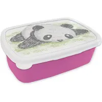 MuchoWow Broodtrommel Roze - Lunchbox - Brooddoos - Dieren - Panda - Gras - 18x12x6 cm - Kinderen - Meisje