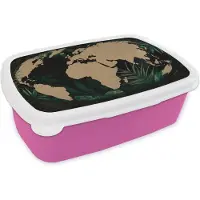 MuchoWow Broodtrommel Roze - Lunchbox - Brooddoos - Wereldkaart - Wereldbol - Planten - 18x12x6 cm - Kinderen - Meisje