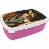 MuchoWow Broodtrommel Roze - Lunchbox - Brooddoos - Tijger - Dieren - Rusten - 18x12x6 cm - Kinderen - Meisje