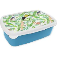 MuchoWow Broodtrommel Blauw - Lunchbox - Brooddoos - Jungle - Vogel - Patronen - 18x12x6 cm - Kinderen - Jongen