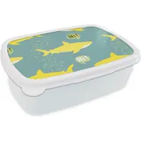 MuchoWow Broodtrommel Wit - Lunchbox - Brooddoos - Haai - Cartoon - Geel - Patronen - Tiener - 18x12x6 cm - Volwassenen