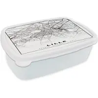 MuchoWow Broodtrommel Wit - Lunchbox - Brooddoos - Plattegrond - Lille - Kaart - Frankrijk - Stadskaart - Zwart wit - 18x12x6 cm - Volwassenen