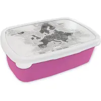 MuchoWow Broodtrommel Roze - Lunchbox - Brooddoos - Europakaart op krantenpapier - zwart wit - 18x12x6 cm - Kinderen - Meisje