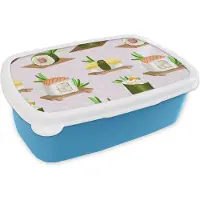 MuchoWow Broodtrommel Blauw - Lunchbox - Brooddoos - Patronen - Eten - Sushi - Japan - 18x12x6 cm - Kinderen - Jongen