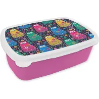 MuchoWow Broodtrommel Roze - Lunchbox - Brooddoos - Kat - Regenboog - Bloemen - 18x12x6 cm - Kinderen - Meisje