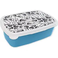 MuchoWow Broodtrommel Blauw - Lunchbox - Brooddoos - Gitaar - Patronen - Zwart Wit - 18x12x6 cm - Kinderen - Jongen