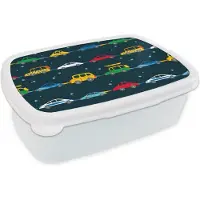 MuchoWow Broodtrommel Wit - Lunchbox - Brooddoos - Patronen - Auto - Ruimte - Kind - Jongens - Kinderen - Kids - 18x12x6 cm - Volwassenen