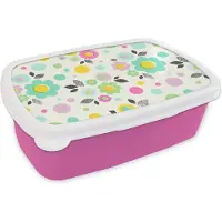 MuchoWow Broodtrommel Roze - Lunchbox - Brooddoos - Patronen - Bloemen - Bladeren - 18x12x6 cm - Kinderen - Meisje