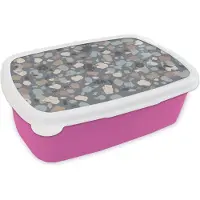 MuchoWow Broodtrommel Roze - Lunchbox - Brooddoos - Retro - Terrazzo - Geometrie - Patronen - 18x12x6 cm - Kinderen - Meisje