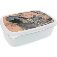 MuchoWow Broodtrommel Wit - Lunchbox - Brooddoos - Vintage - Japandi - Pauw - Dieren - 18x12x6 cm - Volwassenen