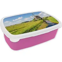 MuchoWow Broodtrommel Roze - Lunchbox - Brooddoos - Molen - Gras - Nederland - 18x12x6 cm - Kinderen - Meisje