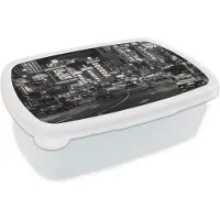 MuchoWow Broodtrommel Wit - Lunchbox - Brooddoos - Bangkok - Auto - Reclamebord - Zwart - Wit - 18x12x6 cm - Volwassenen