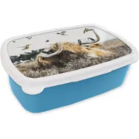 MuchoWow Broodtrommel Blauw - Lunchbox - Brooddoos - Schotse hooglander - Vogel - Heide - 18x12x6 cm - Kinderen - Jongen