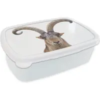 MuchoWow Broodtrommel Wit - Lunchbox Steenbok - Dieren - Hoorn - Brooddoos 18x12x6 cm - Brood lunch box - Broodtrommels voor kinderen en volwassenen