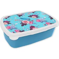 MuchoWow Broodtrommel Blauw - Lunchbox - Brooddoos - Vogel - Bloemen - Patronen - 18x12x6 cm - Kinderen - Jongen