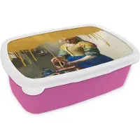 MuchoWow Broodtrommel Roze - Lunchbox - Brooddoos - Melkmeisje - Goud - Vermeer - 18x12x6 cm - Kinderen - Meisje