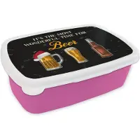 MuchoWow Broodtrommel Roze - Lunchbox - Brooddoos - It's the most wonderful time for beer - Spreuken - Kerst - Bier - Quotes - 18x12x6 cm - Kinderen - Meisje