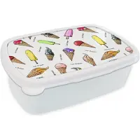 MuchoWow Broodtrommel Wit - Lunchbox - Brooddoos - IJshoorntjes - IJs - Patroon - 18x12x6 cm - Volwassenen