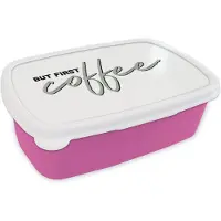 MuchoWow Broodtrommel Roze - Lunchbox - Brooddoos - Koffie - Quotes - But first coffee - Spreuken - 18x12x6 cm - Kinderen - Meisje