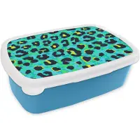 MuchoWow Broodtrommel Blauw - Lunchbox - Brooddoos - Panterprint - Neon - Dieren - Design - 18x12x6 cm - Kinderen - Jongen