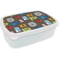 MuchoWow Broodtrommel Wit - Lunchbox - Brooddoos - Patronen - Monster - Dieren - Jongens - Kinderen - Kids - 18x12x6 cm - Volwassenen