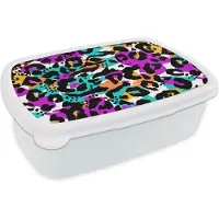 MuchoWow Broodtrommel Wit - Lunchbox Regenboog - Panter - Patronen - Brooddoos 18x12x6 cm - Brood lunch box - Broodtrommels voor kinderen en volwassenen