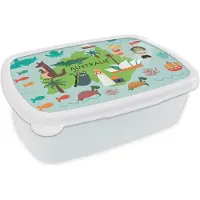 MuchoWow Broodtrommel Wit - Lunchbox - Brooddoos - Wereldkaart Kinderen - Australië - Dieren - 18x12x6 cm - Volwassenen