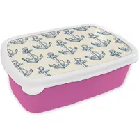 MuchoWow Broodtrommel Roze - Lunchbox - Brooddoos - Vintage - Anker - Strand - Zee - Patronen - 18x12x6 cm - Kinderen - Meisje