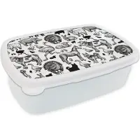 MuchoWow Broodtrommel Wit - Lunchbox - Brooddoos - Patroon - Dieren - Zwart Wit - 18x12x6 cm - Volwassenen