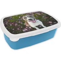MuchoWow Broodtrommel Blauw - Lunchbox - Brooddoos - Hond - Gras - Bloemen - 18x12x6 cm - Kinderen - Jongen