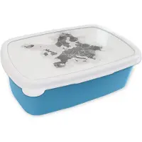 MuchoWow Broodtrommel Blauw - Lunchbox - Brooddoos - Europakaart met een geweven patroon op de achtergrond - zwart wit - 18x12x6 cm - Kinderen - Jongen